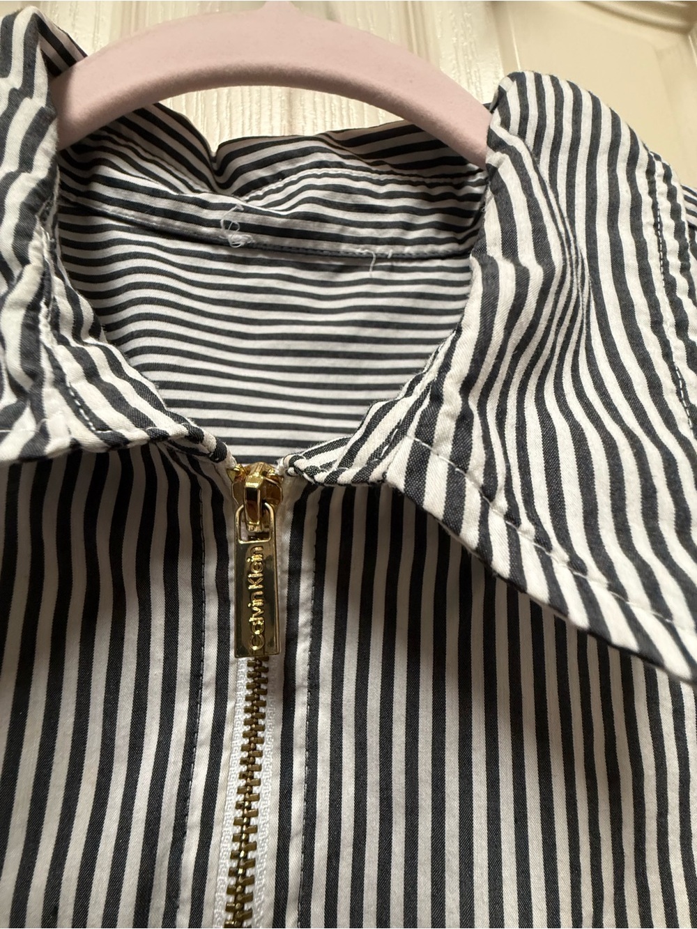 Calvin Klein Kids Black and White Striped Zip-Front Shirt with Gold Zipper